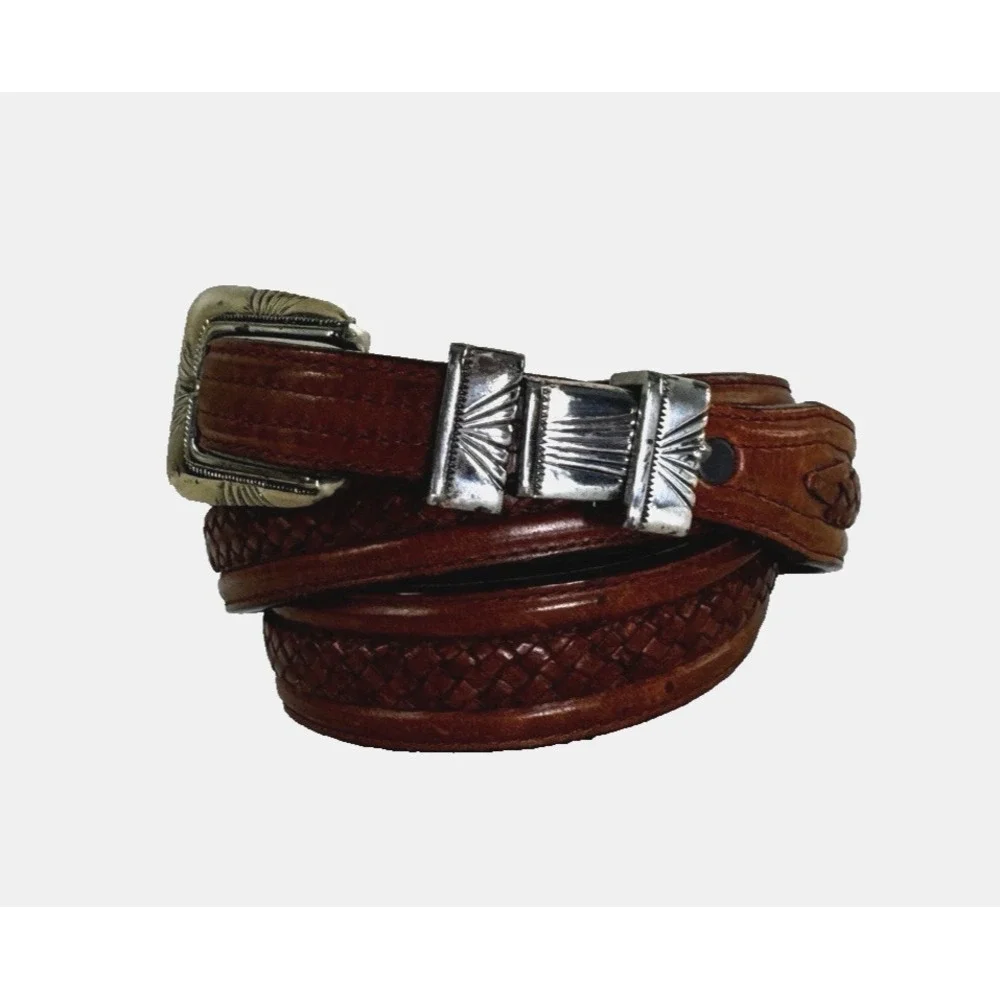 Tony Lama Mens 38 Leather Braided Belt Cognac Engraved Silver Buckle Western Cow